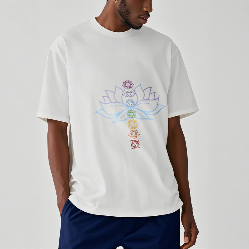 T-shirt en coton avec Buddha Stones, teintes pastel, fleur de lotus, symboles des chakras, méditation - image 1