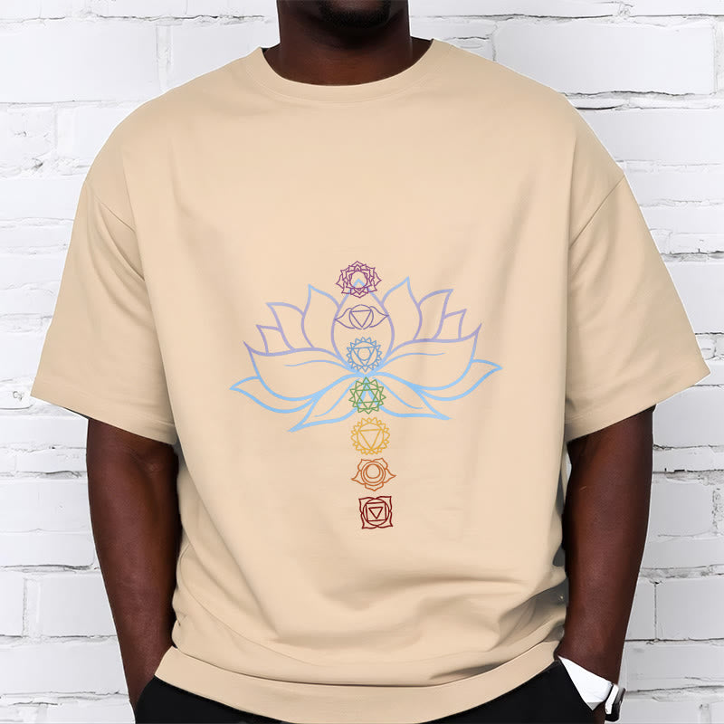 T-shirt en coton avec Buddha Stones, teintes pastel, fleur de lotus, symboles des chakras, méditation - image 9