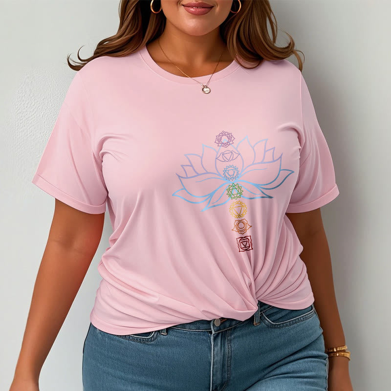 T-shirt en coton avec Buddha Stones, teintes pastel, fleur de lotus, symboles des chakras, méditation - image 14
