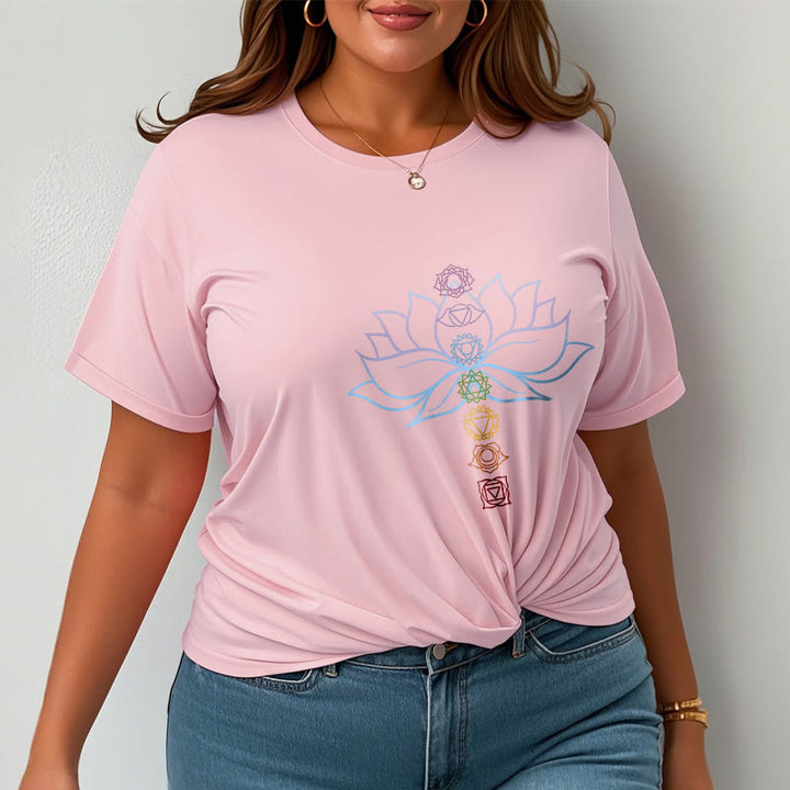 T-shirt en coton avec Buddha Stones, teintes pastel, fleur de lotus, symboles des chakras, méditation - image 14