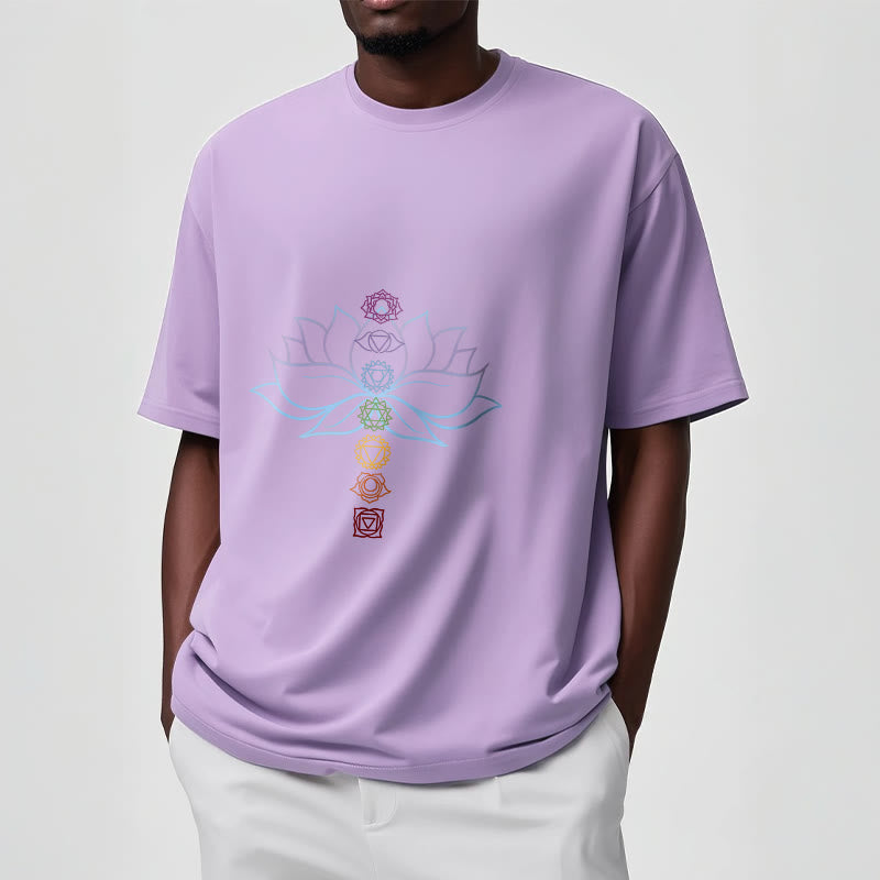T-shirt en coton avec Buddha Stones, teintes pastel, fleur de lotus, symboles des chakras, méditation - image 17
