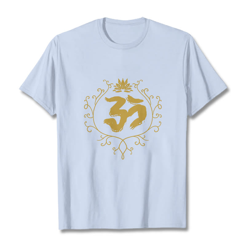 T-shirt en coton avec motif de vigne et de fleur de lotus et Buddha Stones Om - Cyan clair - 2XL - image 19