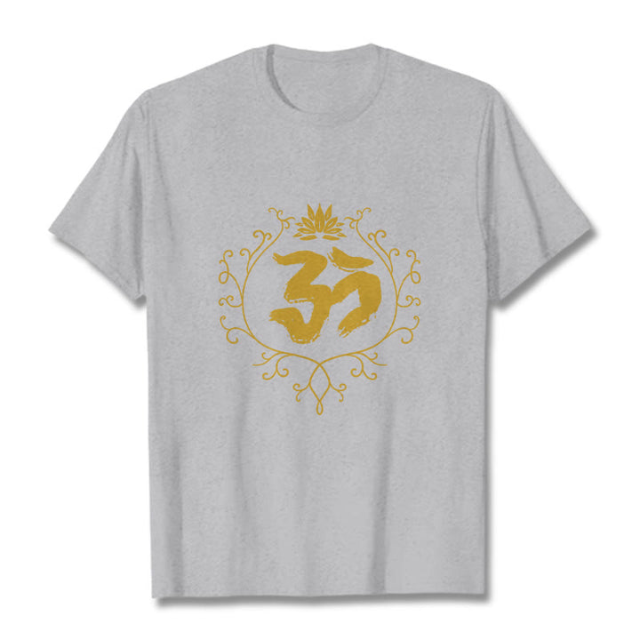T-shirt en coton avec motif de vigne et de fleur de lotus et Buddha Stones Om - Gris clair - 2XL - image 20