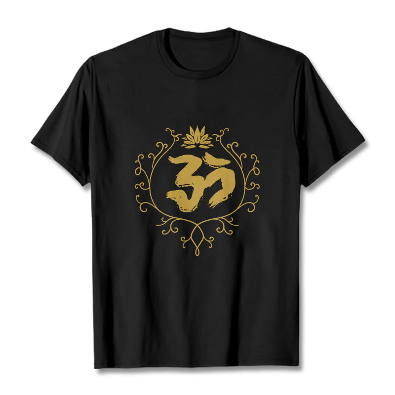 T-shirt en coton avec motif de vigne et de fleur de lotus et Buddha Stones Om - Noir - 2XL - image 1