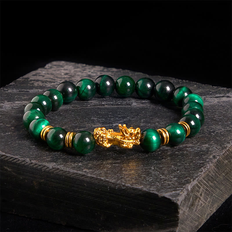 Buddha Stones d'œil de tigre de différentes couleurs Perles d'espacement Bracelet Pixiu Richesse Courage - Œil de tigre vert (circonférence du poignet : 17-19 cm) - image 1