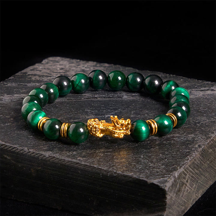 Buddha Stones d'œil de tigre de différentes couleurs Perles d'espacement Bracelet Pixiu Richesse Courage - Œil de tigre vert (circonférence du poignet : 17-19 cm) - image 1