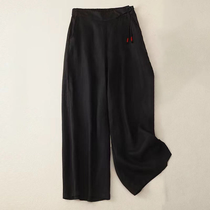 Pantalon large décontracté en coton à un bouton et poches pour femme, couleur unie, motif Buddha Stones - Noir - US12，UK/AU16，EU44 (3XL) - image 6