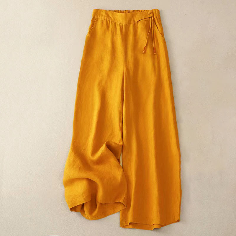 Pantalon large décontracté en coton et lin à un bouton pour femme avec poches et couleur unie Buddha Stones - Orange - US12，UK/AU16，EU44 (3XL) - image 1