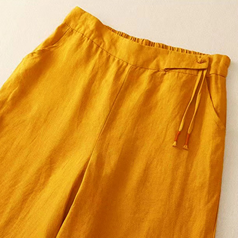 Pantalon large décontracté en coton à un bouton et poches pour femme, couleur unie, motif Buddha Stones - image 1