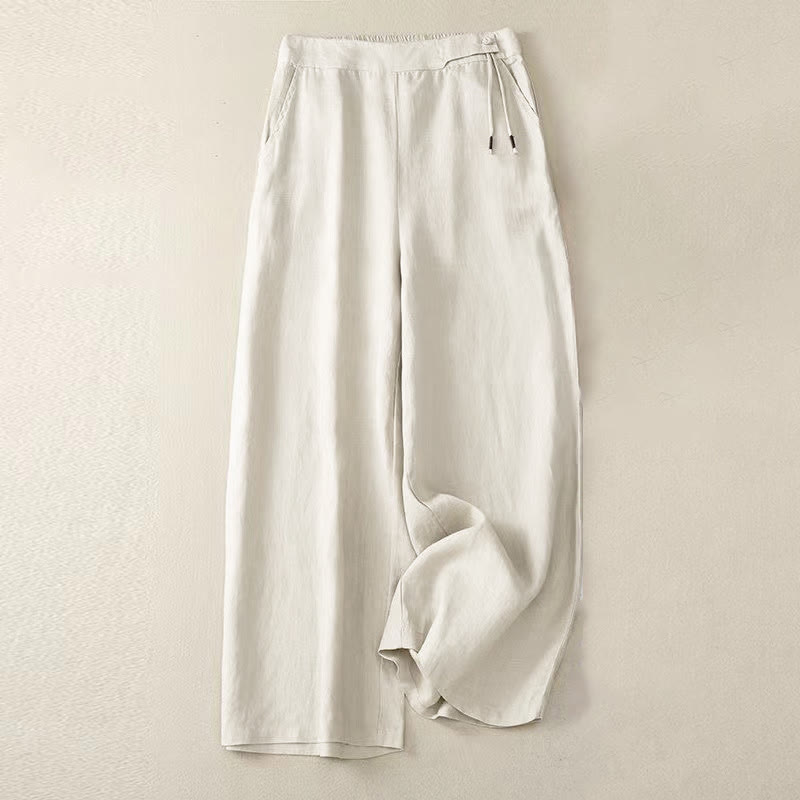 Pantalon large décontracté en coton à un bouton et poches pour femme, couleur unie, motif Buddha Stones - Beige - US12，UK/AU16，EU44 (3XL) - image 12