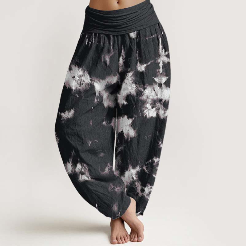 Pantalon Buddha Stones taille élastique pour femme en pur coton avec lignes blanches et pois tie-dye - Noir - US22，UK/AU26，EU54 (6XL) - image 1