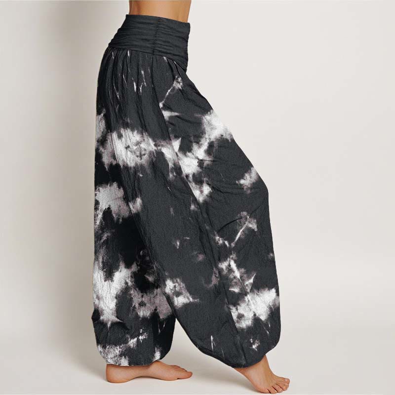 Pantalon Buddha Stones taille élastique pour femme en pur coton avec lignes blanches et pois tie-dye - image 1