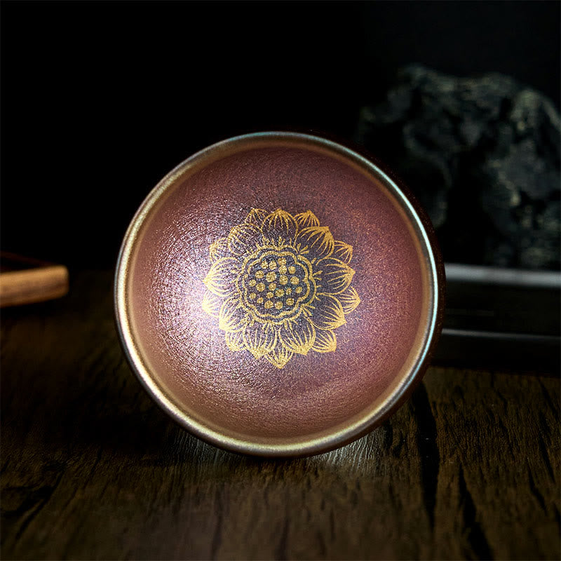 Tasse à thé en céramique faite à la main en Buddha Stones, style chinois Jianzhan, fleur de lotus dorée, tasse à thé Kung Fu, 150 ml - 9 cm * 150 ml - image 1
