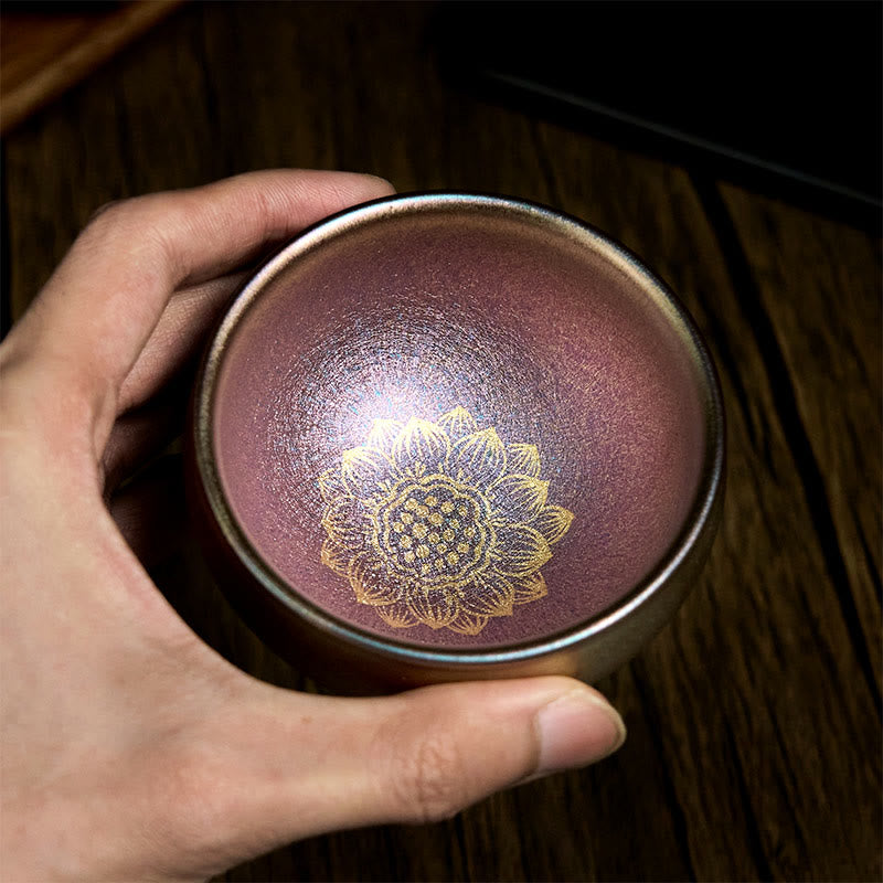 Tasse à thé en céramique faite à la main en Buddha Stones, style chinois Jianzhan, fleur de lotus dorée, tasse à thé Kung Fu, 150 ml - image 4