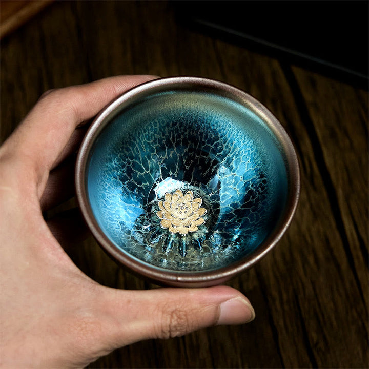 Tasse à thé Kung Fu en céramique bleue faite à la main avec Buddha Stones, style Jianzhan, style lotus chinois, 150 ml - image 4