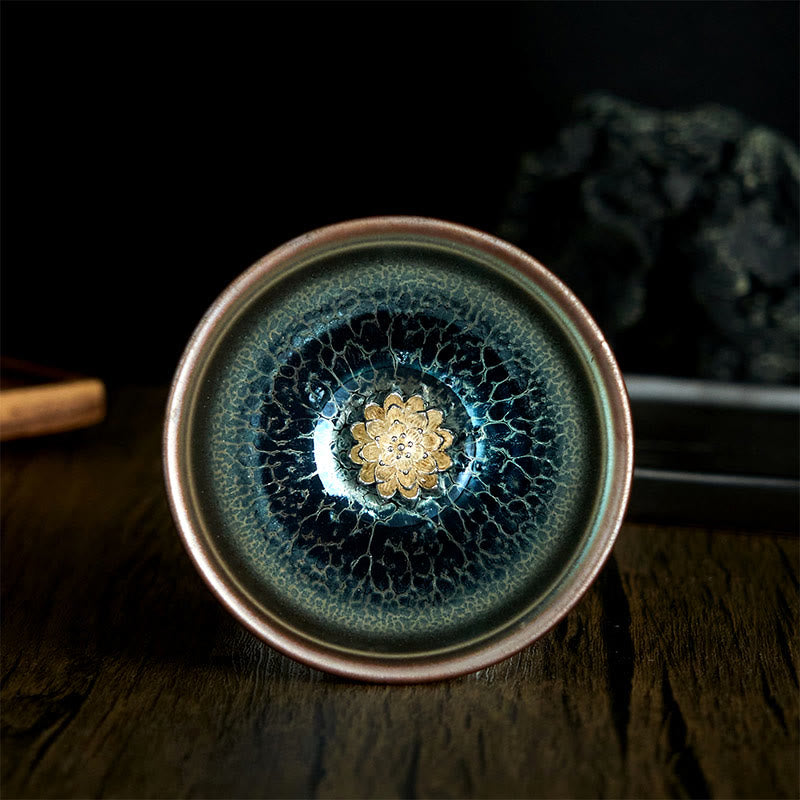 Tasse à thé Kung Fu en céramique bleue faite à la main avec Buddha Stones, style Jianzhan, style lotus chinois, 150 ml - 8,8 x 5,6 cm x 150 ml - image 1