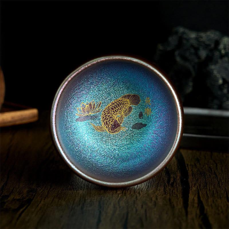 Tasse à thé en Buddha Stones faite à la main en forme de poisson koï chinois Jianzhan, feuille de lotus, tasse à thé Kung Fu, 150 ml - Poisson koï bleu doré 8,8 cm x 5,5 cm x 150 ml - Sans coffret cadeau - image 11