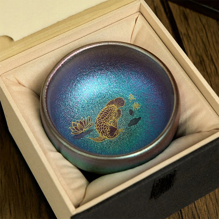 Tasse à thé en Buddha Stones faite à la main en forme de poisson koï chinois Jianzhan, feuille de lotus, tasse à thé Kung Fu, 150 ml - Poisson koï bleu doré 8,8 cm x 5,5 cm x 150 ml - Coffret cadeau - image 15