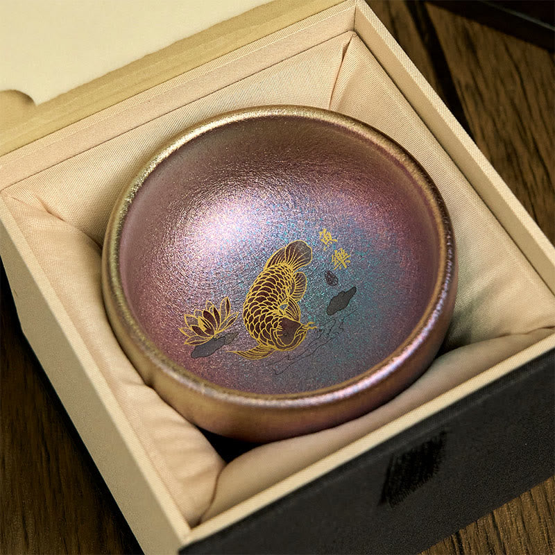 Tasse à thé en Buddha Stones faite à la main en forme de poisson koï chinois Jianzhan, feuille de lotus, tasse à thé Kung Fu, 150 ml - Poisson koï violet doré 8,8 cm x 5,5 cm x 150 ml - Coffret cadeau - image 24