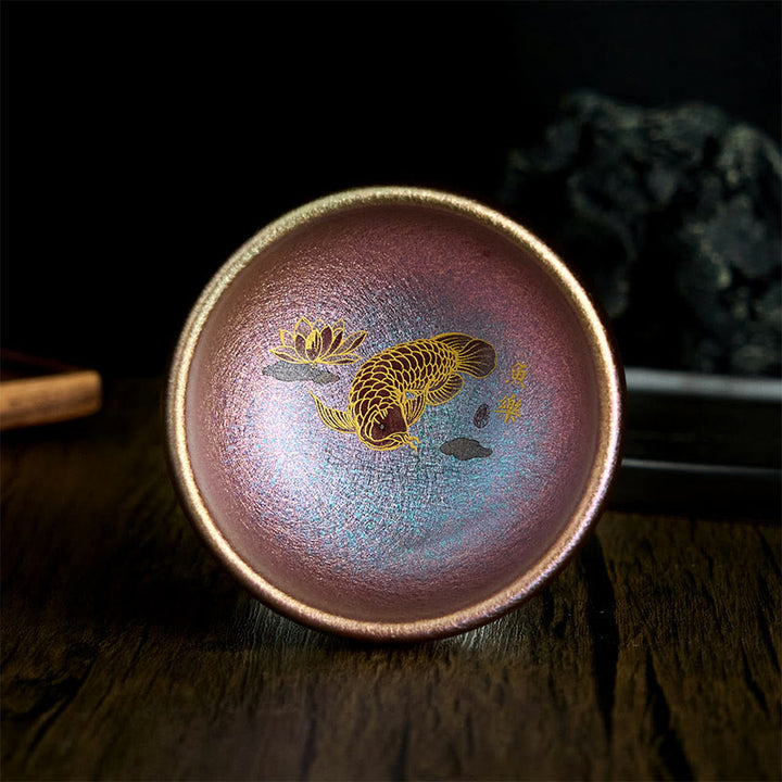 Tasse à thé en Buddha Stones faite à la main en forme de poisson koï chinois Jianzhan, feuille de lotus, tasse à thé Kung Fu, 150 ml - Poisson koï violet doré 8,8 cm x 5,5 cm x 150 ml - Sans coffret cadeau - image 20