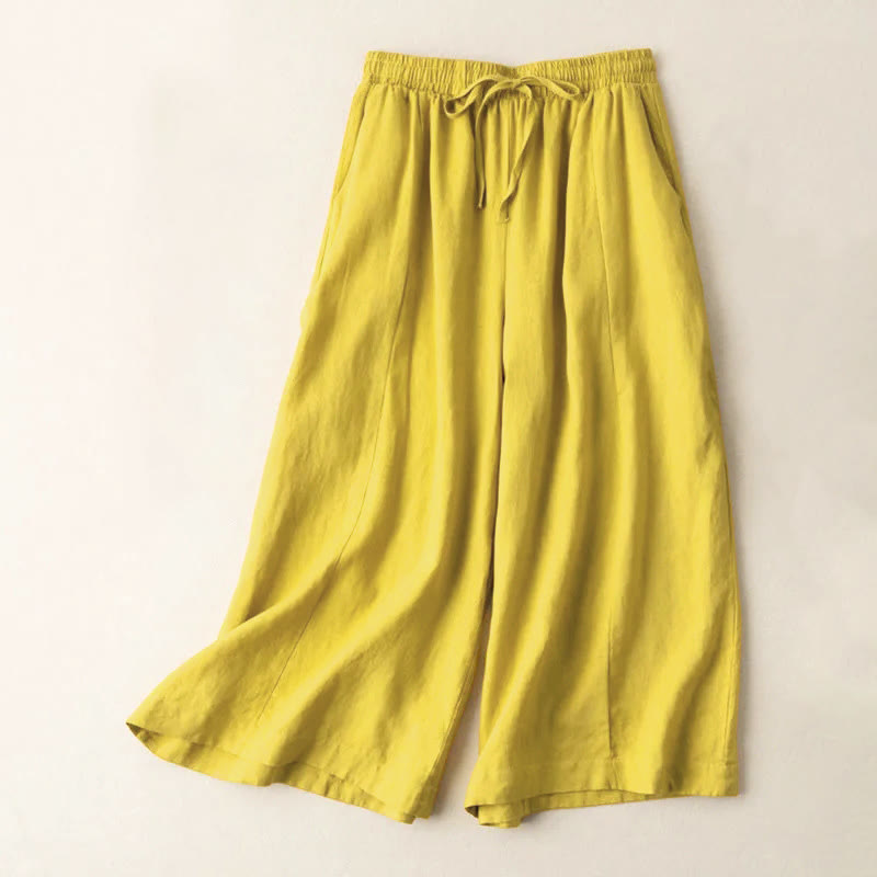Pantalon Capri court uni en coton et lin pour femme, coupe large avec poches, longueur 7-8, motif Buddha Stones - Or - US12，UK/AU16，EU44 (3XL) - image 0