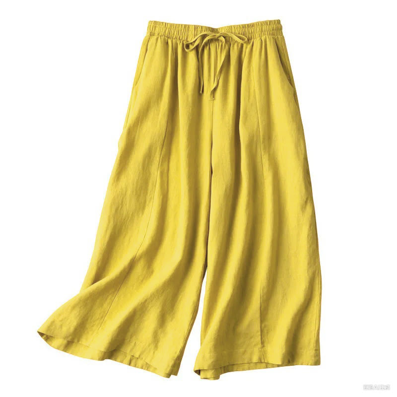 Pantalon Capri court uni en coton et lin pour femme, coupe large avec poches, longueur 7-8, motif Buddha Stones - image 5