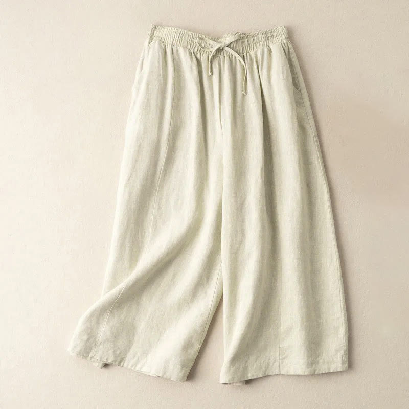 Pantalon Capri court uni en coton et lin pour femme, coupe large avec poches, longueur 7-8, motif Buddha Stones - Beige - US12，UK/AU16，EU44 (3XL) - image 23