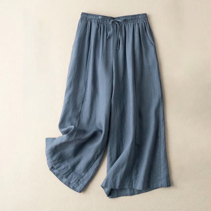Pantalon Capri court uni en coton et lin pour femme, coupe large avec poches, longueur 7-8, motif Buddha Stones - Bleu acier - US12，UK/AU16，EU44 (3XL) - image 28