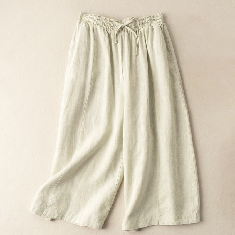 Pantalon Capri court uni en coton et lin pour femme, coupe large avec poches, longueur 7-8, motif Buddha Stones - image 24