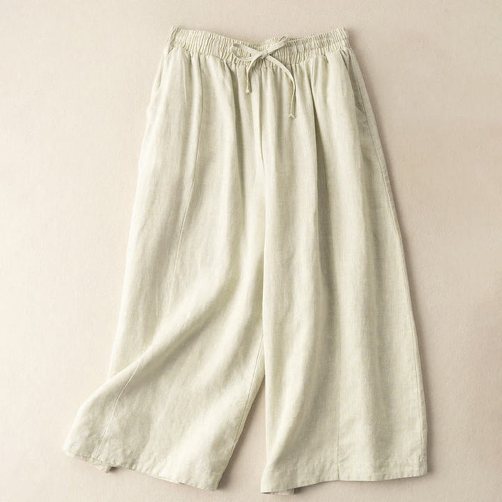Pantalon Capri court uni en coton et lin pour femme, coupe large avec poches, longueur 7-8, motif Buddha Stones - image 24