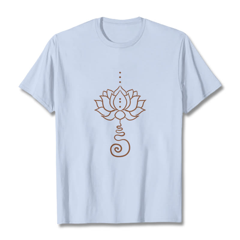 T-shirt décontracté en coton avec motif lotus et Buddha Stones - Cyan clair - 2XL - image 19