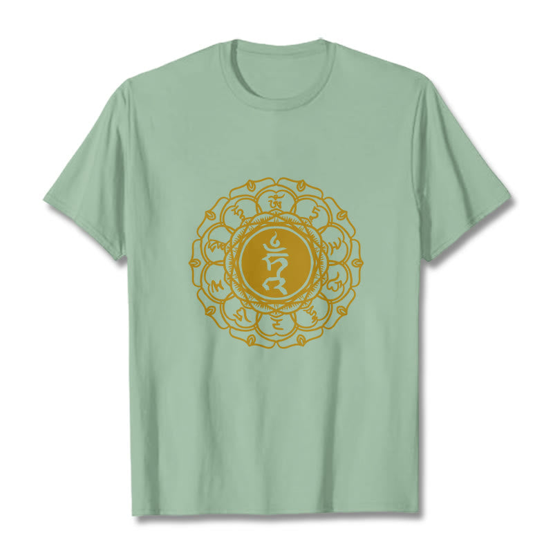 T-shirt décontracté en coton avec motif Buddha Stones , symbole Hum Vishuddha - Vert pâle - 2XL - image 15