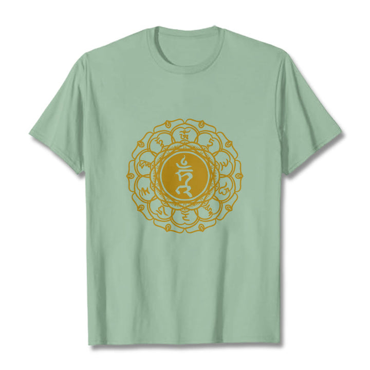 T-shirt décontracté en coton avec motif Buddha Stones , symbole Hum Vishuddha - Vert pâle - 2XL - image 15