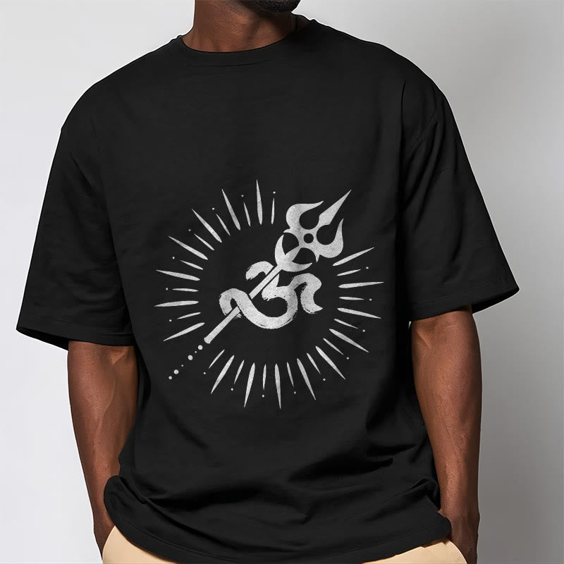 T-shirt décontracté en coton avec motif de Buddha Stones et symbole Om, trident et lignes rayonnantes - image 2