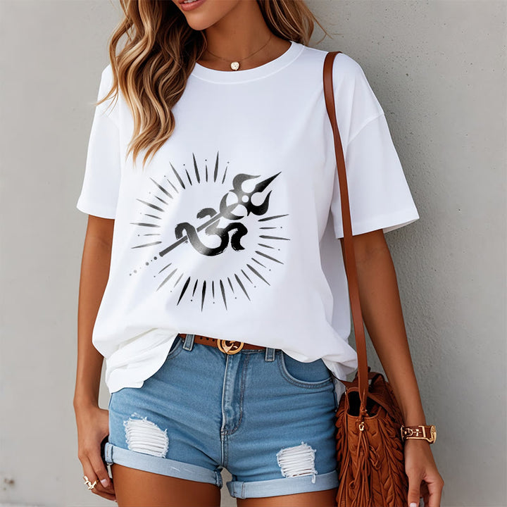 T-shirt décontracté en coton avec motif de Buddha Stones et symbole Om, trident et lignes rayonnantes - image 8