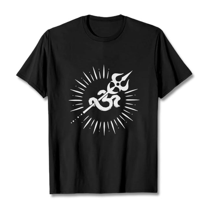 T-shirt décontracté en coton avec motif de Buddha Stones et symbole Om, trident et lignes rayonnantes - Noir - 2XL - image 1