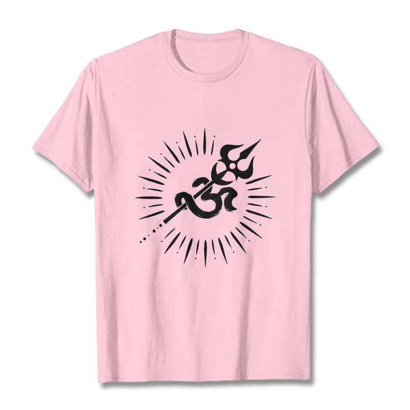 T-shirt décontracté en coton avec motif de Buddha Stones et symbole Om, trident et lignes rayonnantes - Rose clair - 2XL - image 13