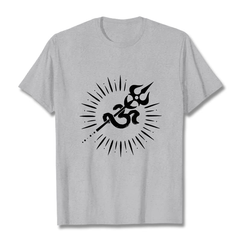 T-shirt décontracté en coton avec motif de Buddha Stones et symbole Om, trident et lignes rayonnantes - Gris clair - 2XL - image 20