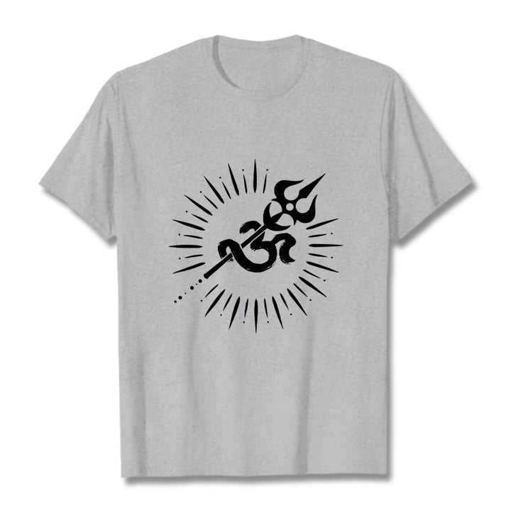 T-shirt décontracté en coton avec motif de Buddha Stones et symbole Om, trident et lignes rayonnantes - Gris clair - 2XL - image 20