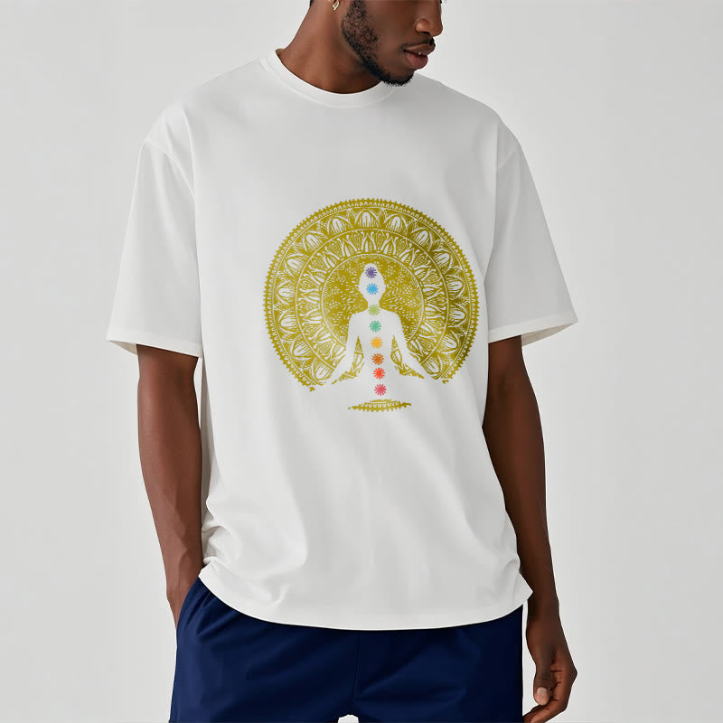 T-shirt décontracté en coton avec motifs de Buddha Stones et de chakras colorés et dorés - image 7