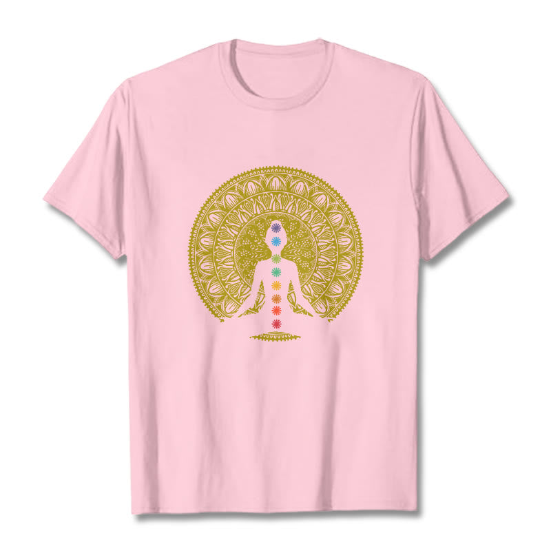 T-shirt décontracté en coton avec motifs de Buddha Stones et de chakras colorés et dorés - Rose clair - 2XL - image 13