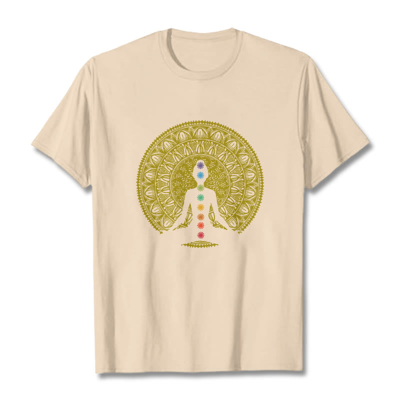 T-shirt décontracté en coton avec motifs de Buddha Stones et de chakras colorés et dorés - Bisque - 2XL - image 9