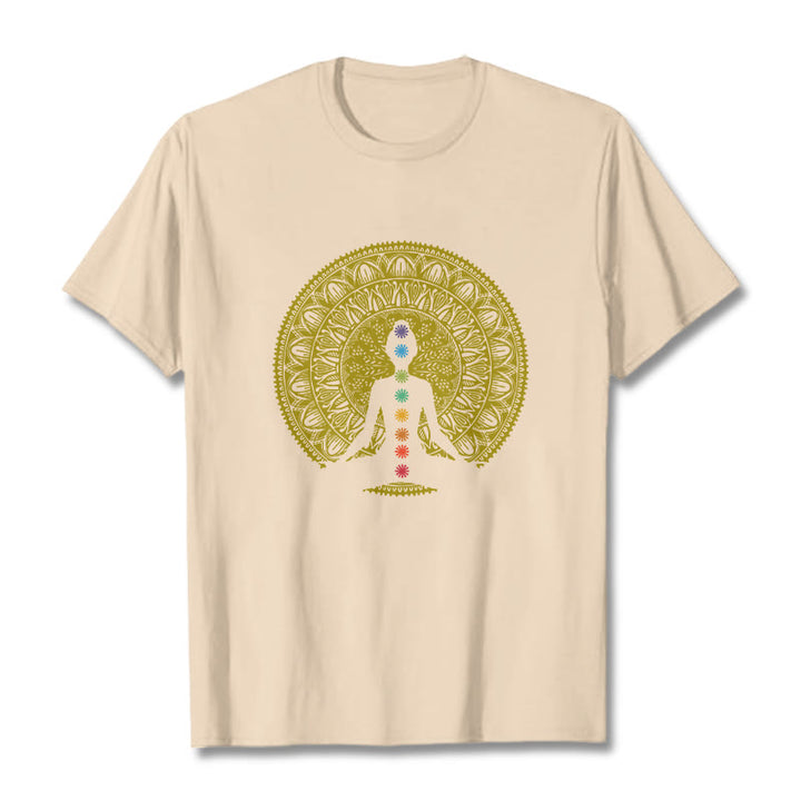 T-shirt décontracté en coton avec motifs de Buddha Stones et de chakras colorés et dorés - Bisque - 2XL - image 9