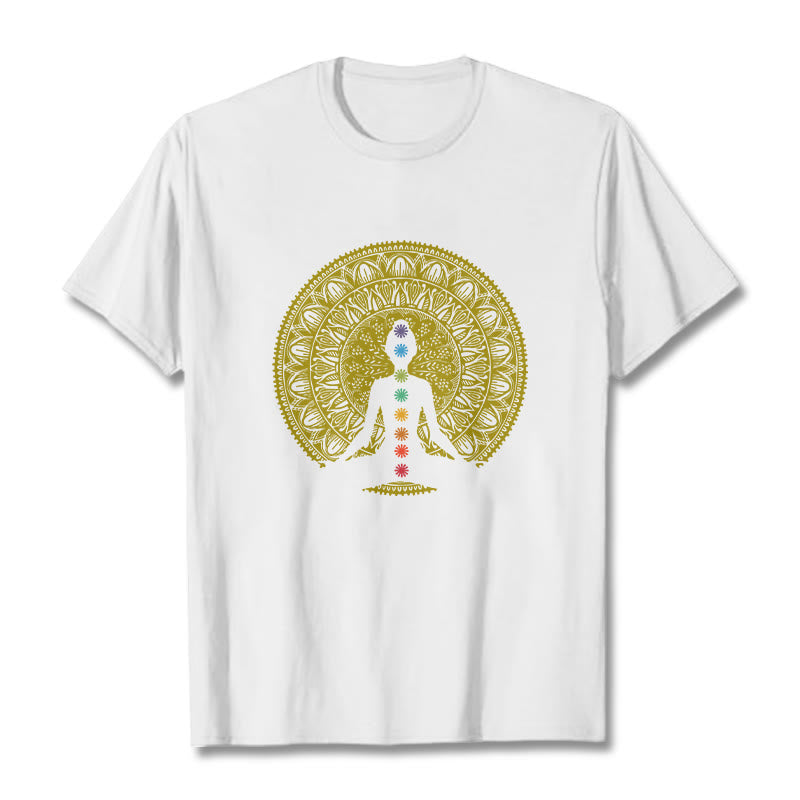 T-shirt décontracté en coton avec motifs de Buddha Stones et de chakras colorés et dorés - Blanc - 2XL - image 6