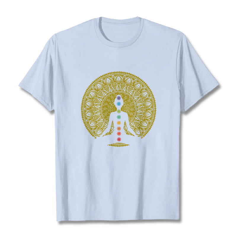 T-shirt décontracté en coton avec motifs de Buddha Stones et de chakras colorés et dorés - Cyan clair - 2XL - image 19