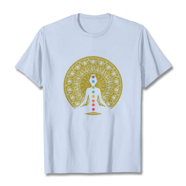 T-shirt décontracté en coton avec motifs de Buddha Stones et de chakras colorés et dorés - Cyan clair - 2XL - image 19