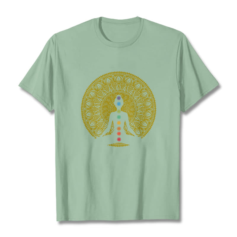 T-shirt décontracté en coton avec motifs de Buddha Stones et de chakras colorés et dorés - Vert pâle - 2XL - image 15