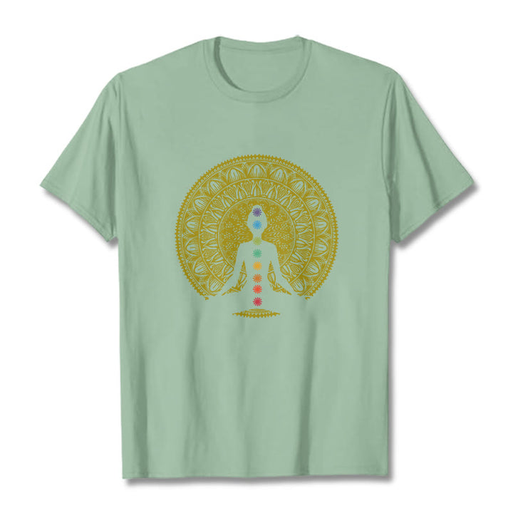 T-shirt décontracté en coton avec motifs de Buddha Stones et de chakras colorés et dorés - Vert pâle - 2XL - image 15