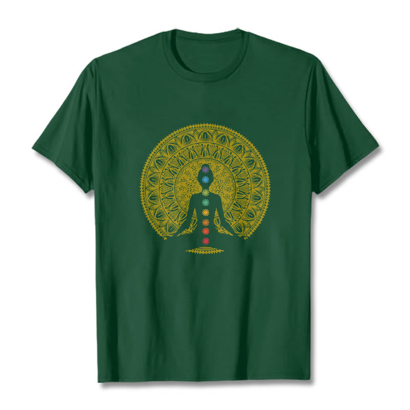T-shirt décontracté en coton avec motifs de Buddha Stones et de chakras colorés et dorés - Forêt Verte - 2XL - image 11