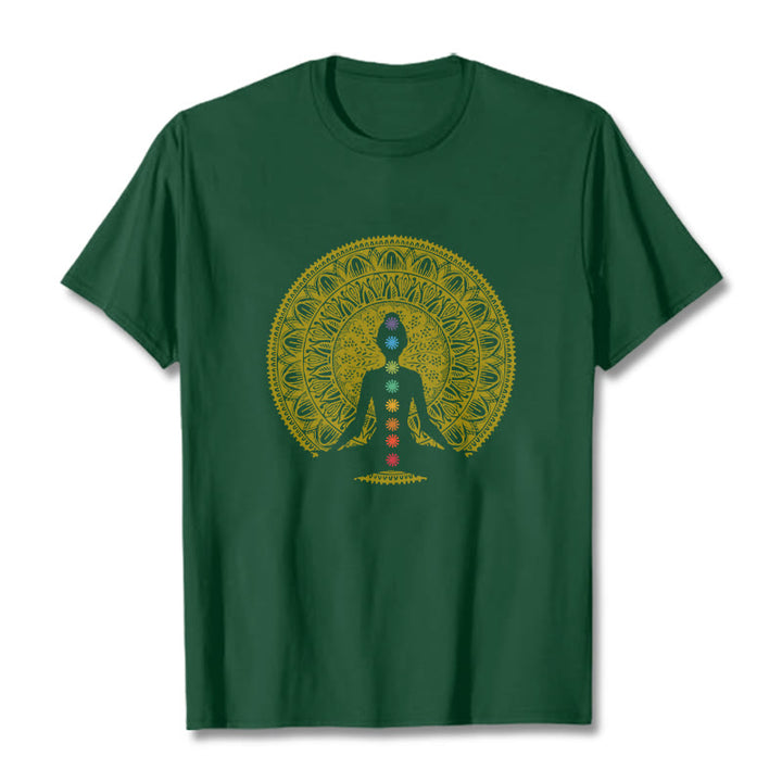 T-shirt décontracté en coton avec motifs de Buddha Stones et de chakras colorés et dorés - Forêt Verte - 2XL - image 11